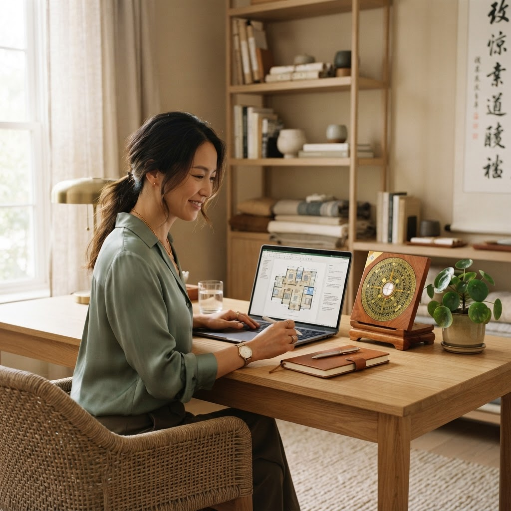 Consultora de Feng Shui analisando uma planta baixa em seu estúdio